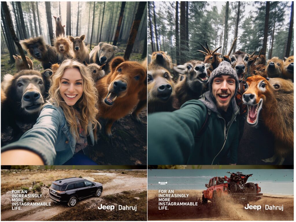 Jeep Dahruj owners at deep jungle and scenic landscape taking selfie with animals. Text reads: "Jeep Dahruj: Fuel Your Insta-Worthy Adventures."