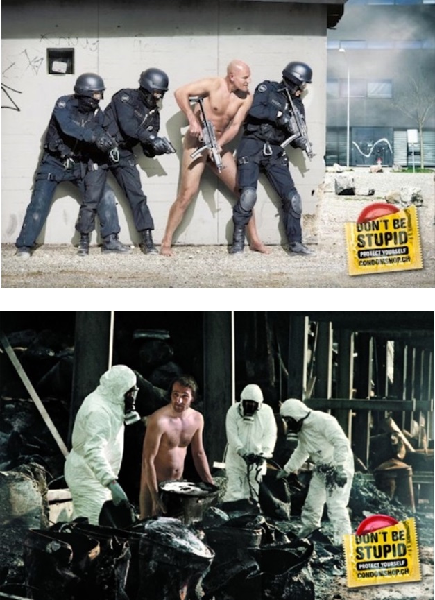 Two muscular men, completely naked, charge towards a burning building with a determined expression.
